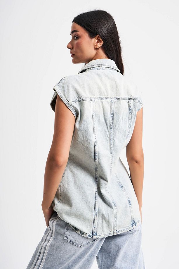 Kadın Tint Kot Rengi Parlak Taşlı Cep Detaylı Uzun Denim Yelek - 6