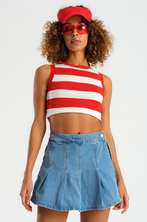 Kadın Taş Mavi Renk Önü Pileli Mini Boy Denim Şort Etek - 6