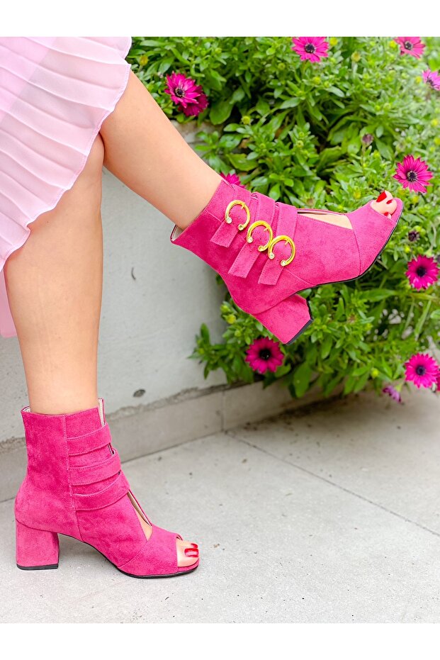 Ellas Fuchsia Suede Buckle 5 cm Heel Sandals Summer Boots