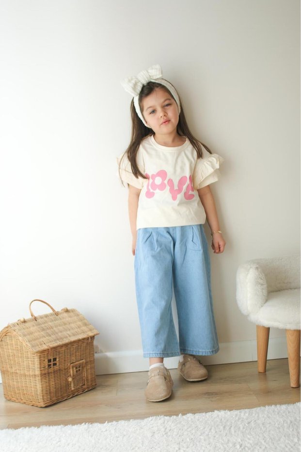 Girl's Ruffle Sleeve Love Printed Tshirt High Waist Wide Leg Jeans Pants Underdress Set