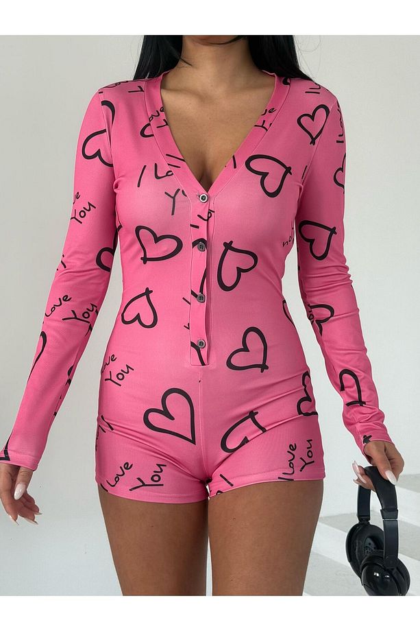 Uzun Kol Şortlu Pembe Kalp Desen Tulum Ev Giyim Pijama Takımı / Pijama Tulum Düğmeli - 4