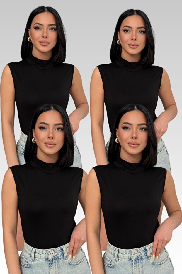 Women's Black 4-Piece Sleeveless Bodysuit Zero Sleeve High-Rise Stretchy Bodysuit