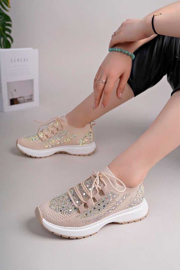 Kadın Bağcıklı Pullu Triko Poli Taban Spor Sneaker Ayakkabı-Bej - 2