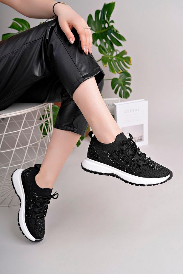 Kadın Bağcıklı Pullu Triko Poli Taban Spor Sneaker Ayakkabı-Siyah - 3