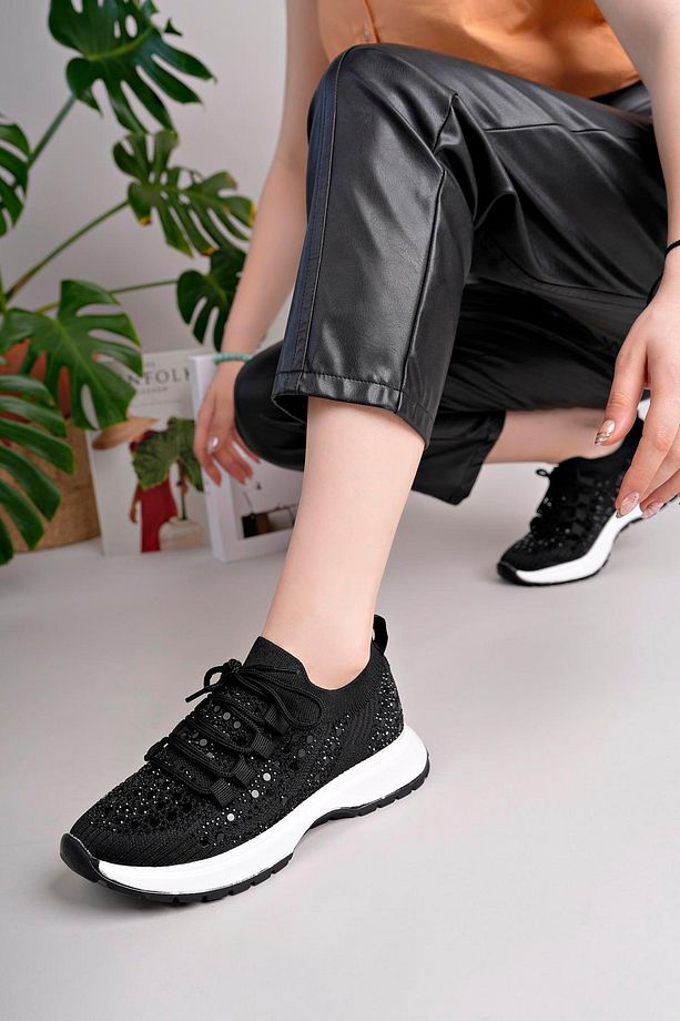 Kadın Bağcıklı Pullu Triko Poli Taban Spor Sneaker Ayakkabı-Siyah - 2