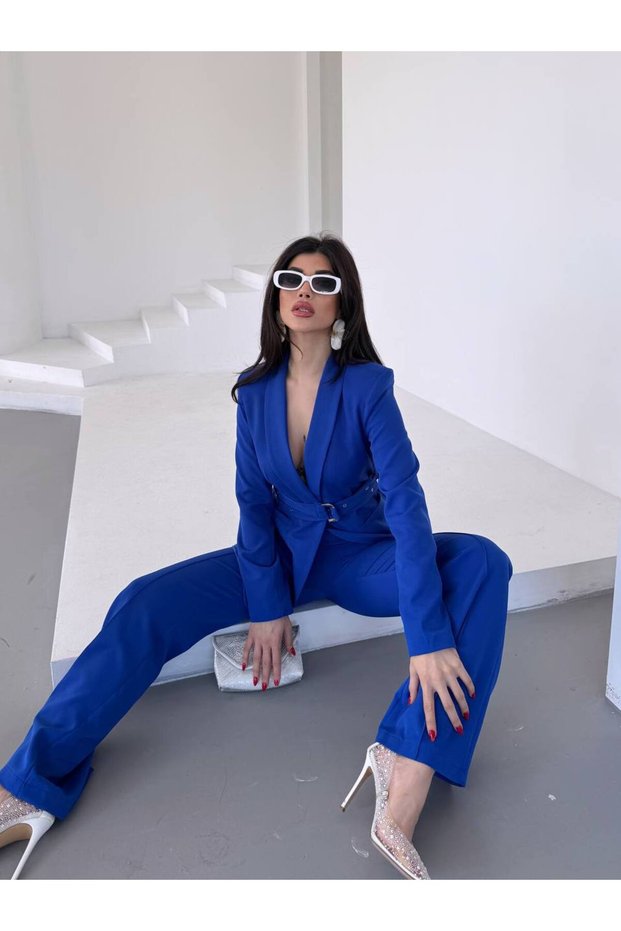 Women's Two-Piece Belt Detail Jacket Palazzo Pants Premium Suit