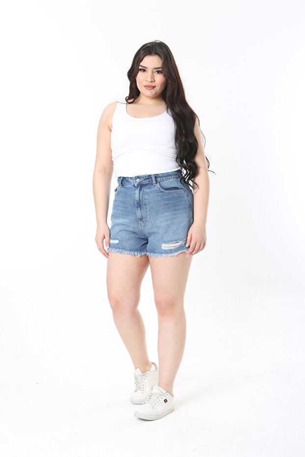 Women's Large Size Blue Ripped Detailed 5-Pocket Denim Shorts 65N38914