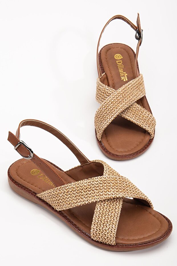 Women's Flat Heeled Sandals Beige Straw Cross Strap