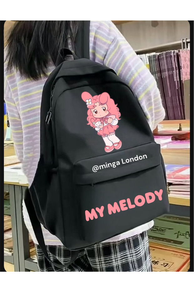Black Pink My Melody Girl Double Printed School, Classroom, Course Backpack -Minga London