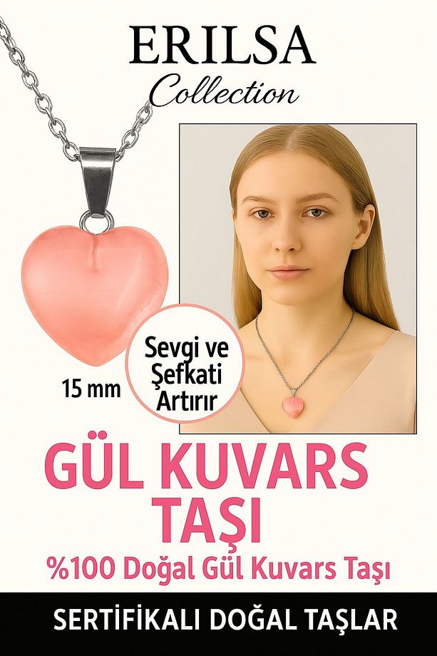 Sertifikalı Kalp Model Mini Gül Kuvars Kolye Sevgi, Şefkat ve Kalp Çakrası Taşı - 1
