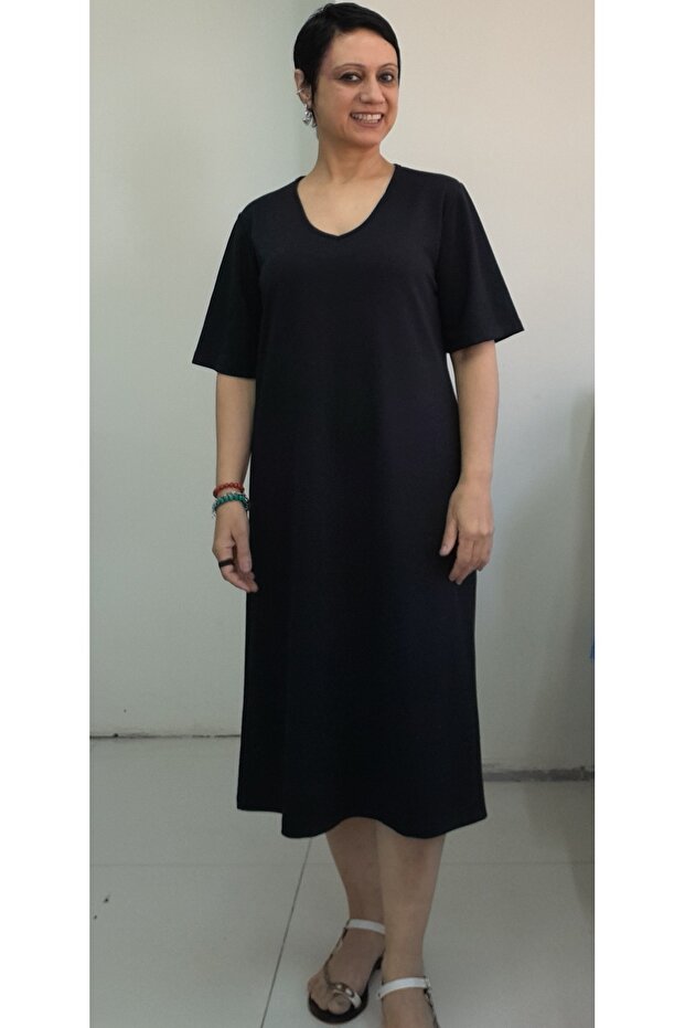 Black V-Neck Short-Sleeved Combed Viscose Dress