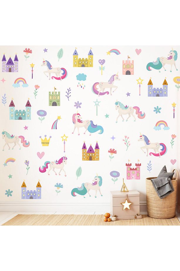 Unicorn Şato ve Suluboya Çiçekler Kız Çocuk Odası Duvar Sticker - 1