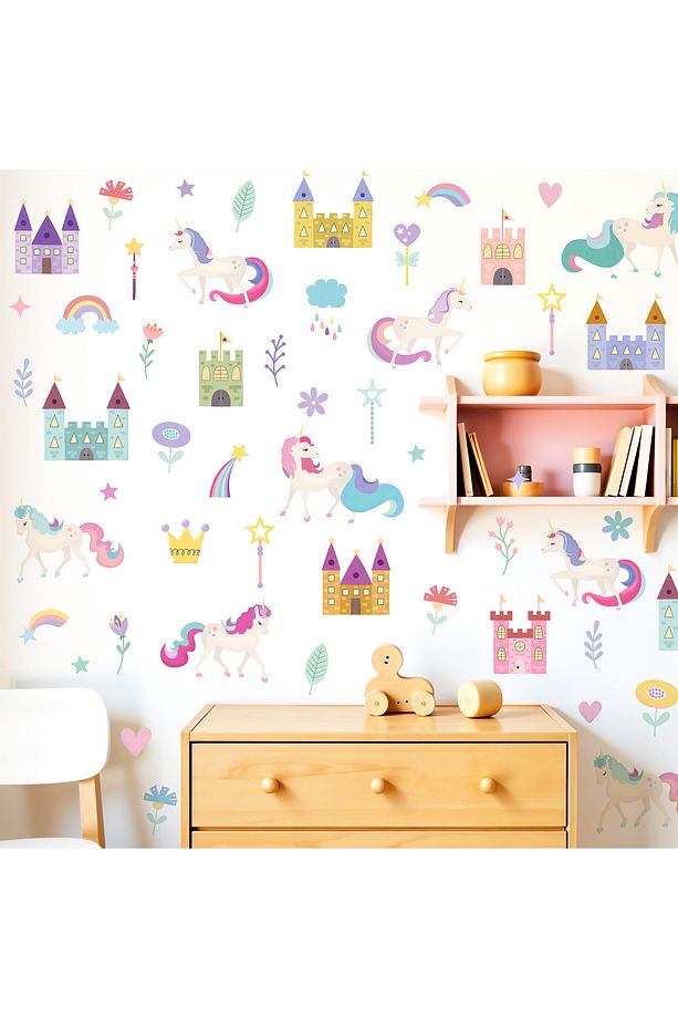 Unicorn Şato ve Suluboya Çiçekler Kız Çocuk Odası Duvar Sticker - 2