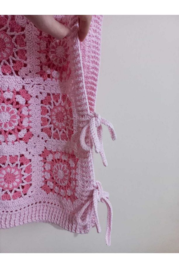 Pembe Motifli Otantik Tığ İşi Örgü Yelek El Örgüsü Yelek - 2