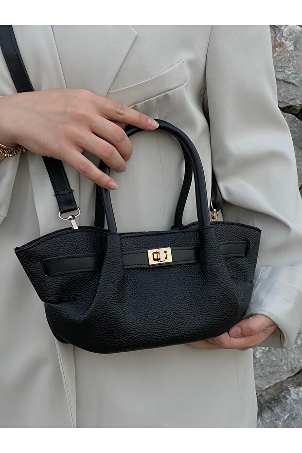 Black Women's Handbag and Shoulder Bag with Drawstring Lock Detail and Adjustable Strap