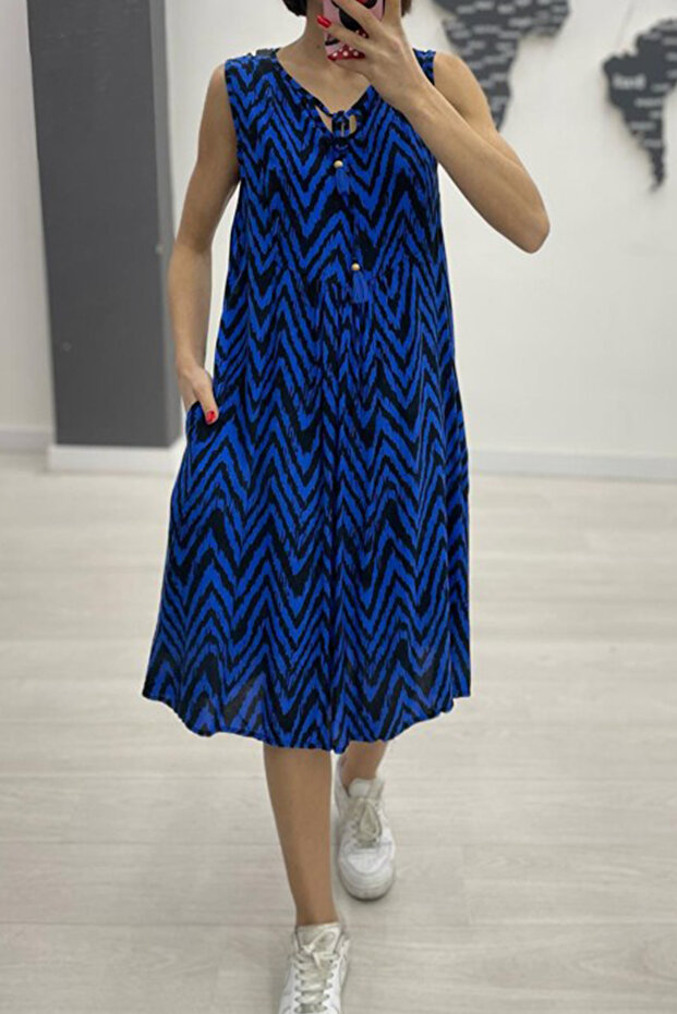 Women's Cobalt Blue V-Neck Patterned Side Pocket Loose Relaxed Cut Sleeveless Midi Dress