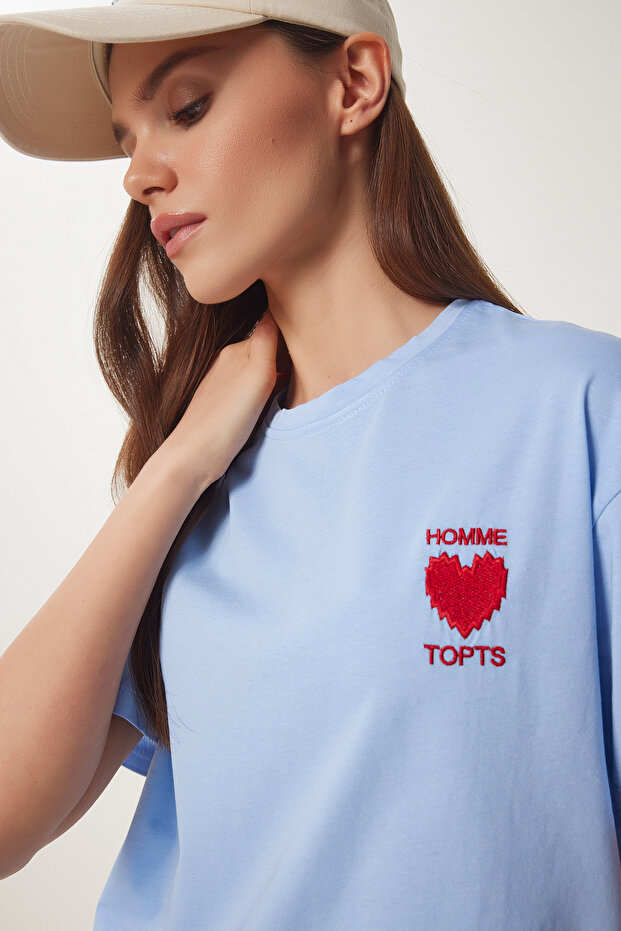 Blue Named Cotton Knitted T-Shirt with Heart Embroidery
