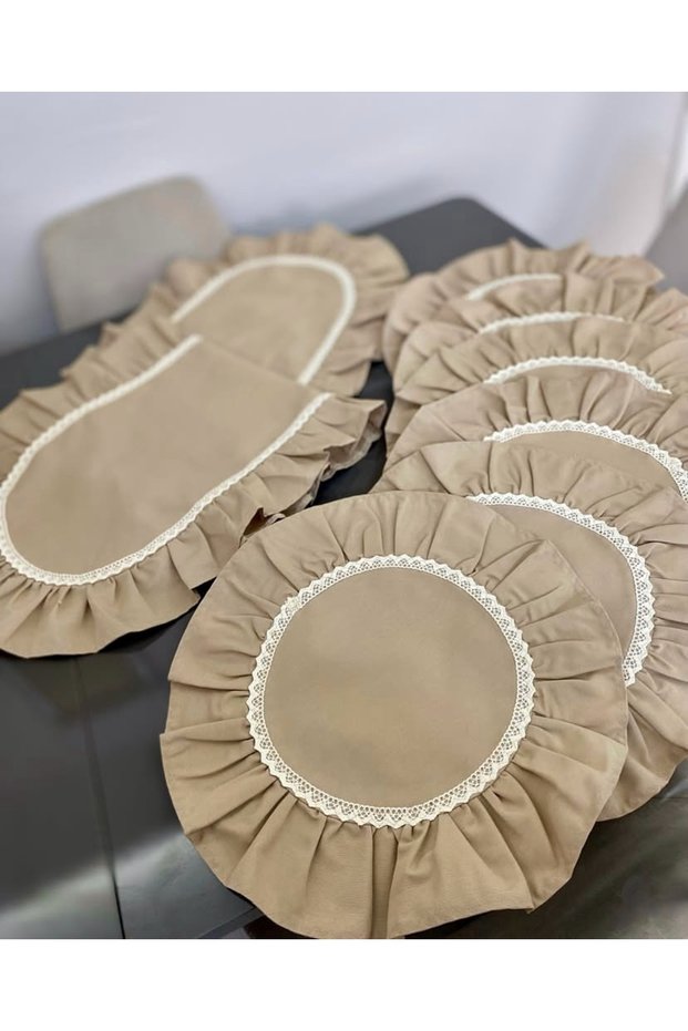 Beige Color Duck Linen Fabric Frilly Runner X 6 Piece Plate Set (Custom Color Made)