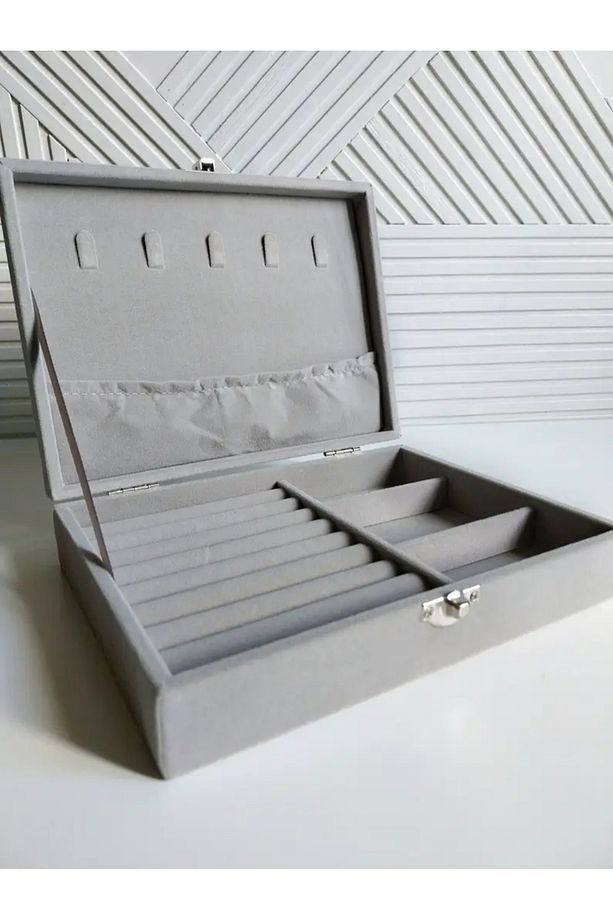 Kadife Süet Gri Takı Kutusu Organizer/ Yüzük, Kolye Saklama Kutusu - 3