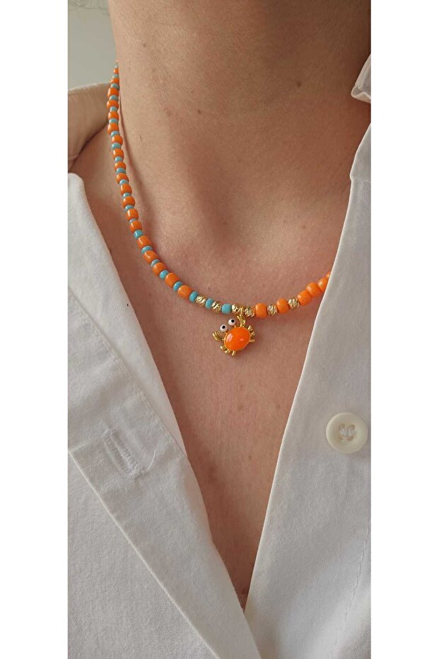 Orange & Turquoise Glass Beads Crab Charm Necklace
