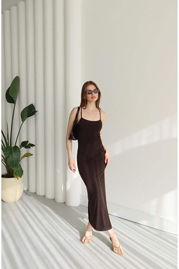 Women's Brown Side Draped and Slit Adjustable Strap Midi Dress