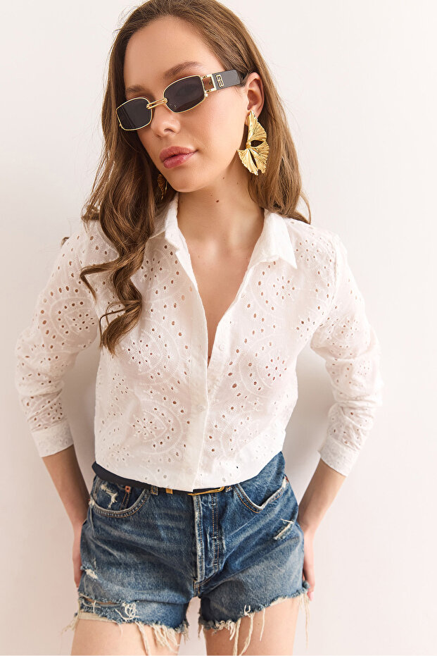 Women's White Scallop Regular Fit Cotton Shirt Gml-19001329