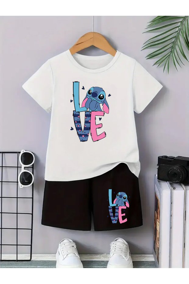 Love Printed Girls Premium Tshirt Shorts Set with Crew Neck for Kids