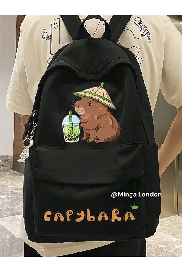 حقيبة ظهر مدرسية مطبوعة مزدوجة من Capybara Bubble Tea باللون الأسود، وغرفة الدراسة، وحقيبة ظهر للدورة