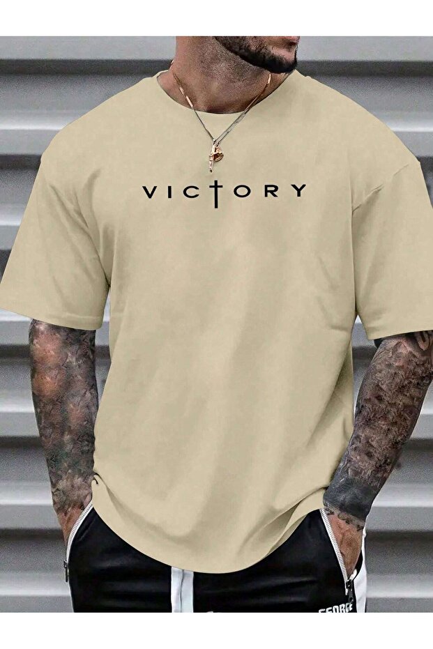 Victory Printed Single Jersey Beige T-Shirt - Oversize Crew Neck T-Shirt