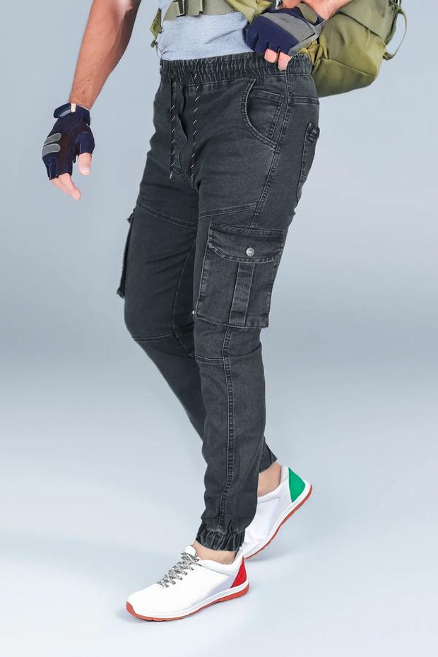 Gray Drawstring Jogger Pants - Lycra, Adjustable Elastic Waist Men's Cargo Pants