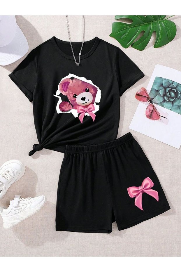 Ribbon Teddy Bear Printed Black 100% Cotton Children's Top and Bottom Set