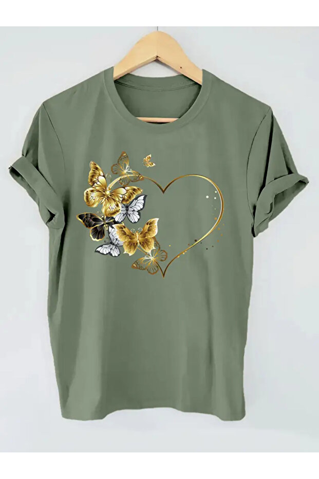 Gold Heart Butterfly Printed Women's Khaki Green T-Shirt