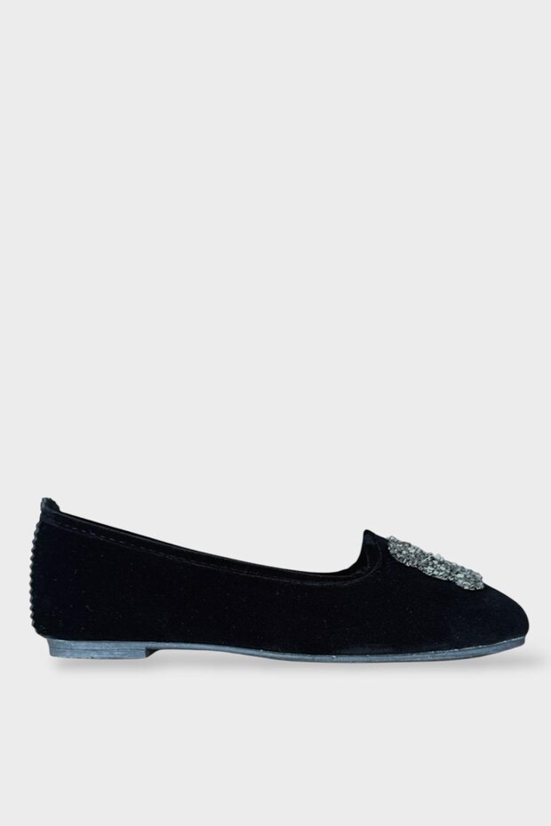 Women's Stoned Buckle Suede Ballerinas BLACK - SMOKE