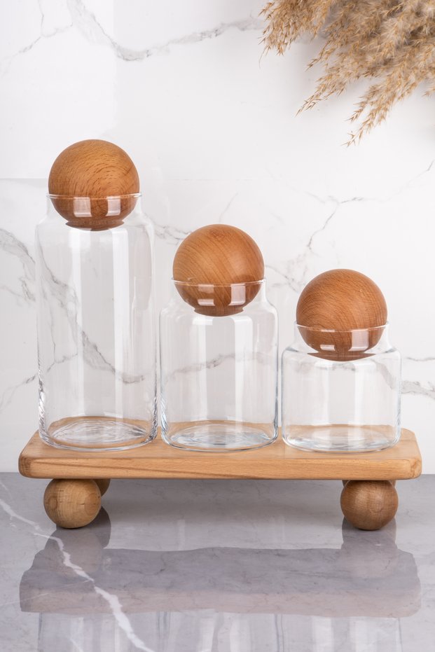 Set of 3 Wooden Ball Lid Glass Jars with Stand, Sugar Bowl, Snack Bowl, Spice Rack and Storage Container