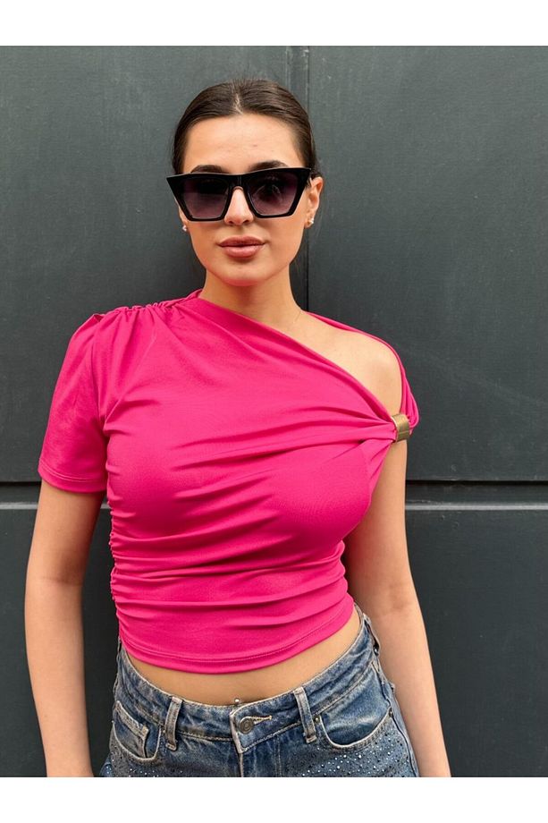 Kadın Tek Kol Oluz Degaje Yaka Broş Detay Fuşya Crop Bluz Büstiyer - 4