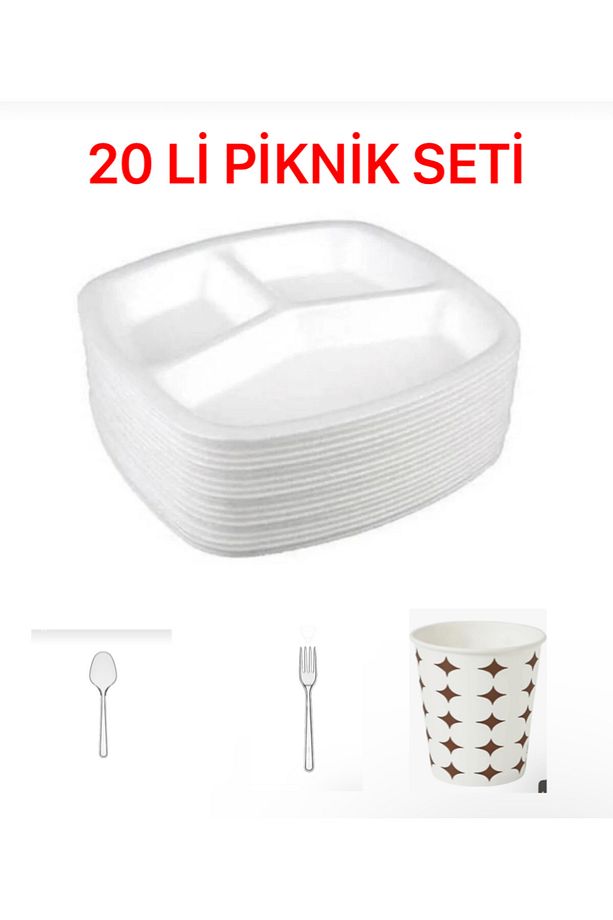 20 Li Set:3 Gözlü Köpük Tabak+Çatal+Kaşık+Karton Bardak Piknik Seti - 1
