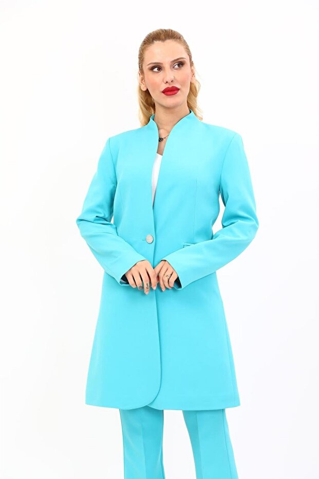 Self-Standing Collar Single Button Long Jacket-Turquoise - 1074100
