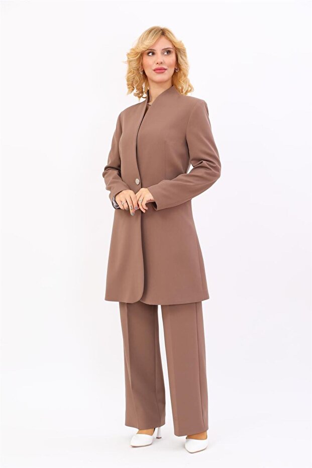 Self-Standing Collar Single Button Long Jacket & Wide Leg Trousers - Brown - 1074520