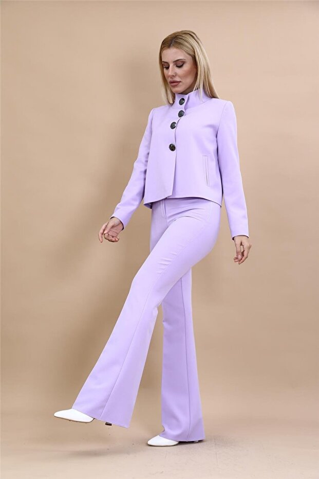 Buttoned Mini Jacket & Flared Trousers Set - Violet - 1010530