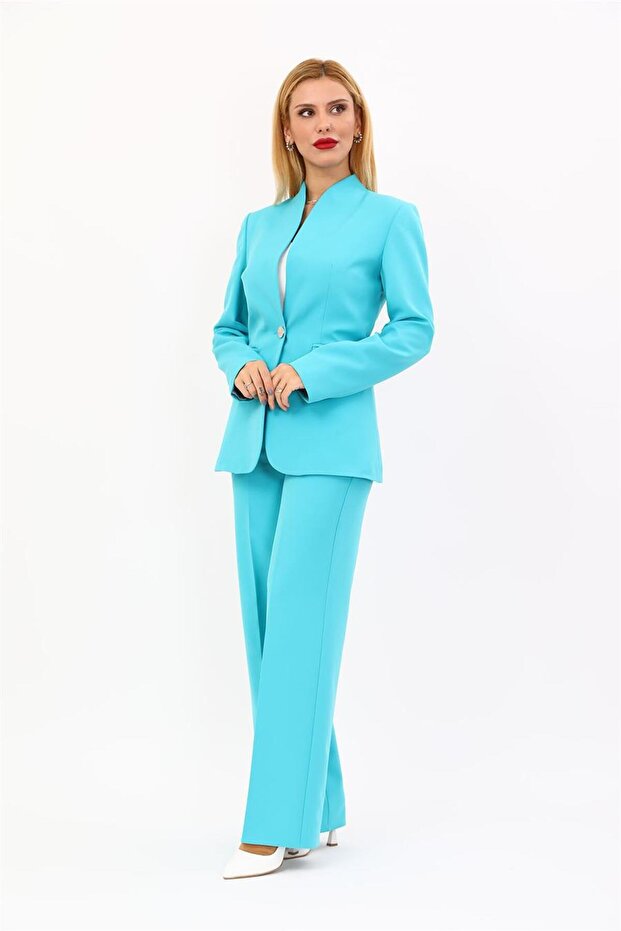 Self-Standing Collar Jacket & Wide-Leg Trousers-Turquoise - 1072520