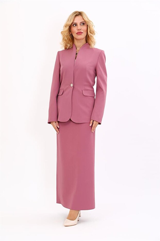 Self-Standing Collar Jacket & Long Straight Tight Skirt-Rose - 1072553