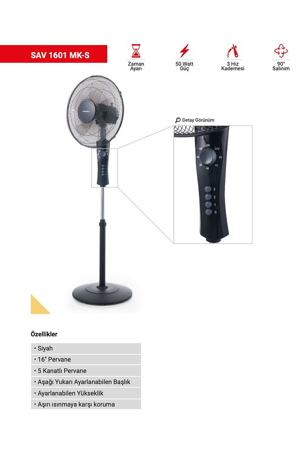 Simtaş SAV 1601 MK 16'' Zaman Ayarlı 5 Kanatlı Salınımlı Vantilatör - 1