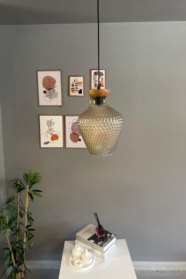 Alaris Cam Bal Rengi Tekli Avize Tabak Ahşap Başlık Retro Sarkıt Lamba Salon Aydınlatma - 6