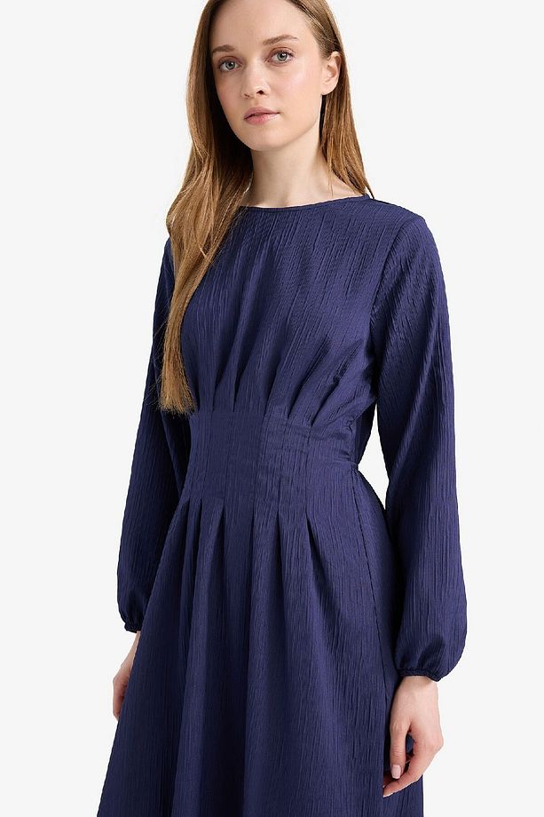 Regular Fit Bisiklet Yaka Uzun Kollu Maxi Elbise F2728AX25SP - 5