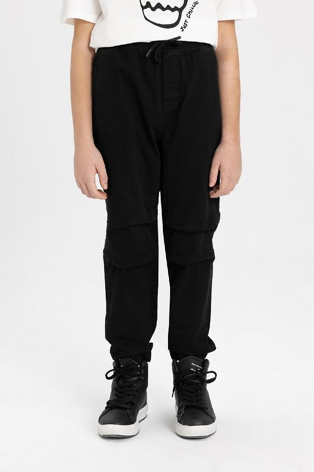 Erkek Çocuk Beli Bağcıklı Lastikli Paça Cepli Siyah Basic Düz Jogger Gabardin Pantolon B5915a824sm - 1