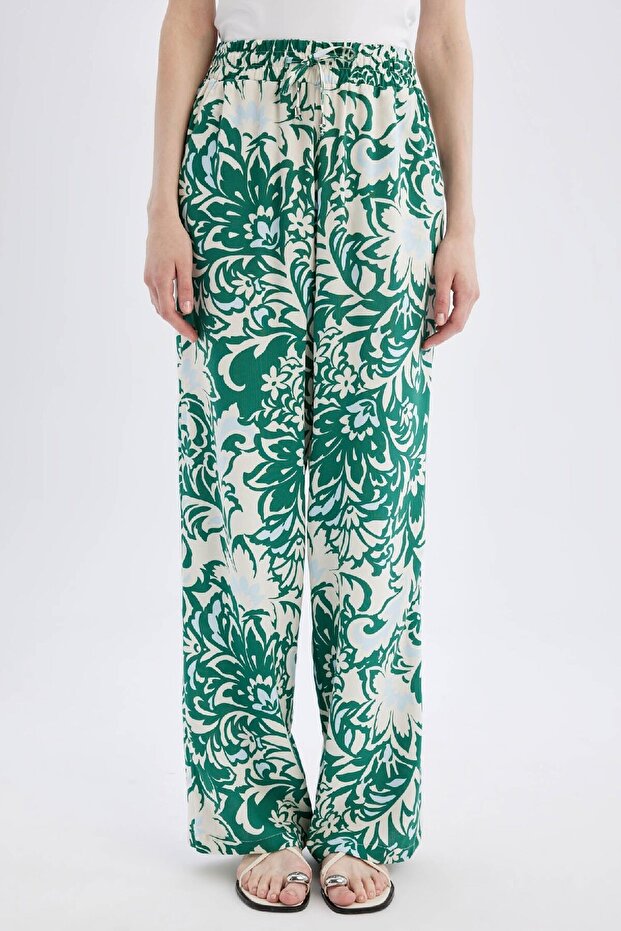 Patterned Pocket High Waist Wide Leg Long Length Viscose Trousers J8739Az24Sm