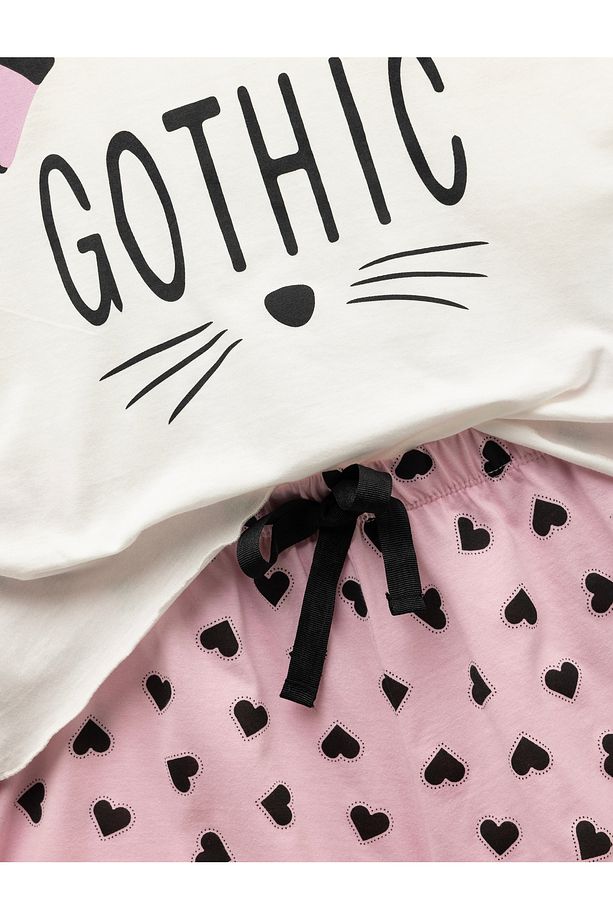 Pamuklu Kısa Kollu Kedi Temalı Kalp Baskılı Şort Pijama Takımı - 5