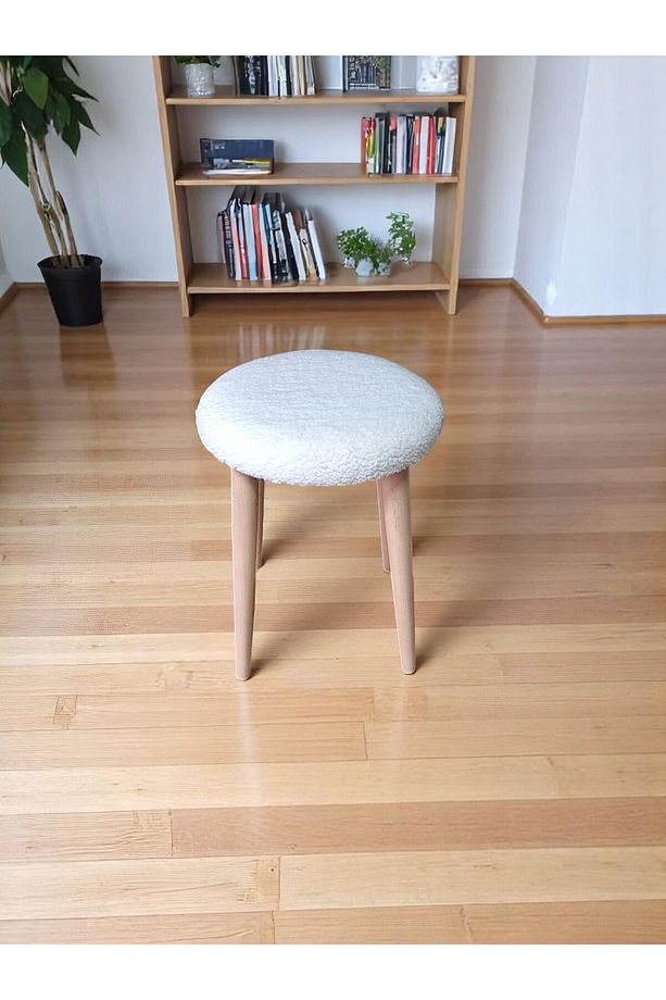 Teddy Kumaşlı Yuvarlak Tabure, Masif Ayaklı Tabure, Salon, Balkon, Makyaj Masası, Yemek Masası - 2