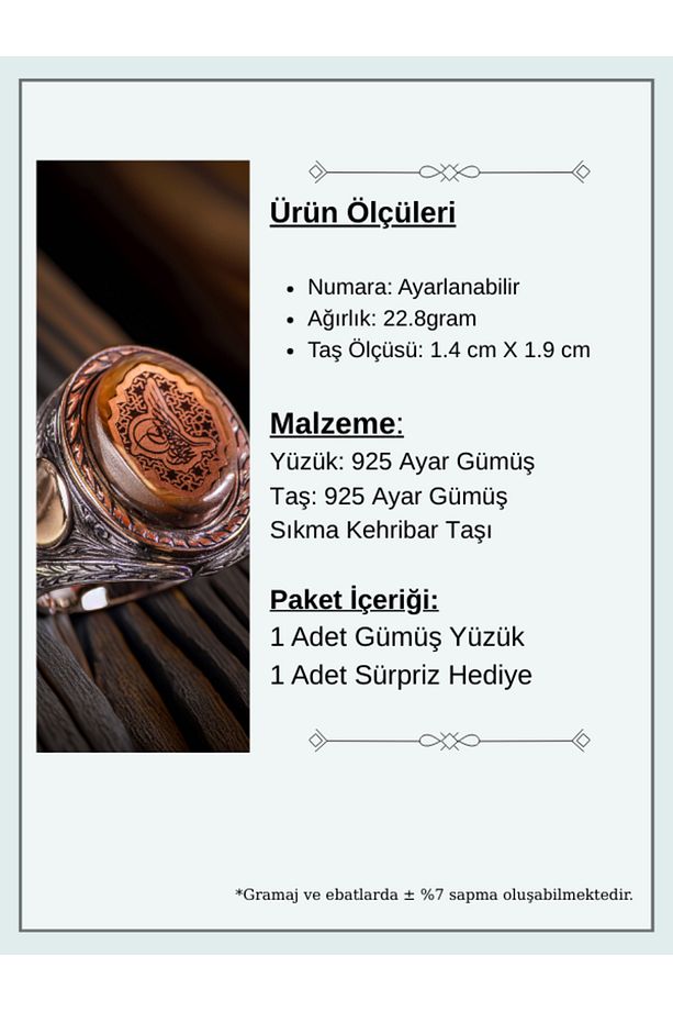 Erkek Sıkma Kehribar Taşlı 925 Ayar Gümüş Osmanlı Tuğralı Ayarlanabilir Yüzük Harf Yazılabilir - 3