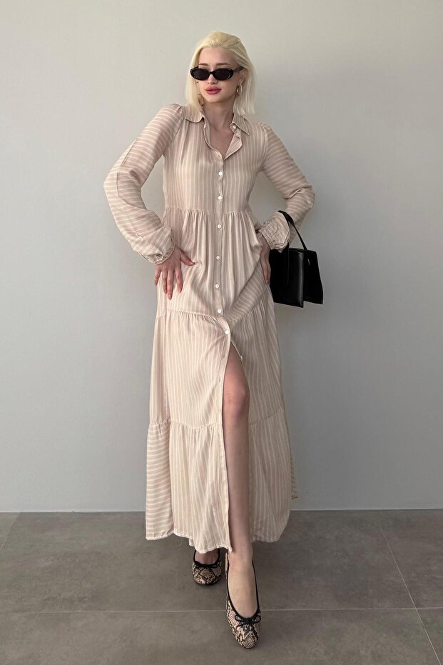 Beige Striped Button Long Dress Mg2392